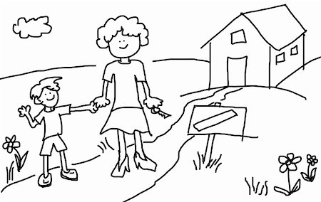 family with sold sign - Large childlsh cartoon characters: Mother and son happy in front of their new house with blank sign by the road Photographie de stock - Aubaine LD & Abonnement, Code: 400-04874342
