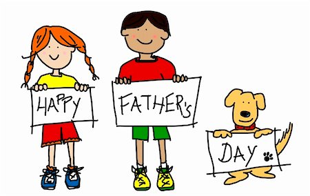 father's day - Large childlike cartoon characters: colorful line drawings of boy and girl kids and their dog holding up HAPPY FATHER'S DAY poster board Stock Photo - Budget Royalty-Free & Subscription, Code: 400-04874582