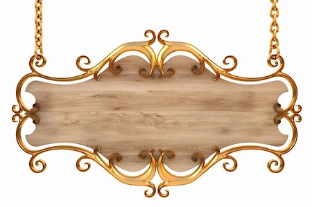 wooden sign in a gold frame with chains. isolated on white. with clipping path. Stock Photo - Budget Royalty-Free & Subscription, Code: 400-04875634