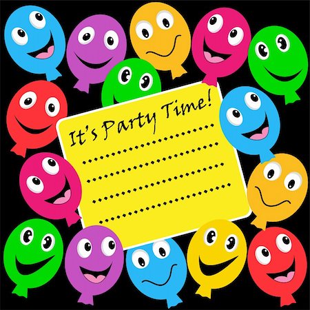 Balloons party invitation with happy faces in assorted colors on a black background. Copy space for text. Stock Photo - Budget Royalty-Free & Subscription, Code: 400-04876144