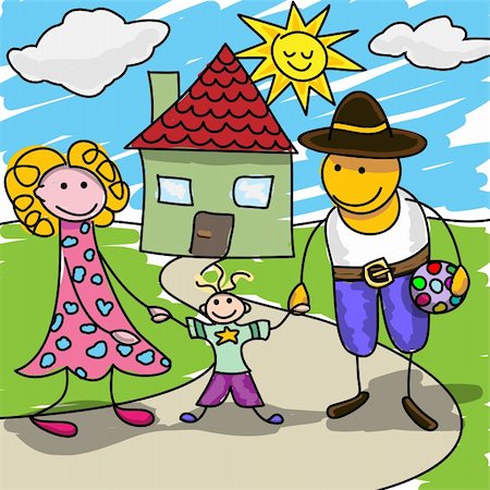 roof and hands - Illustration of happy families in the eyes of a child. Stock Photo - Budget Royalty-Free & Subscription, Code: 400-04876594