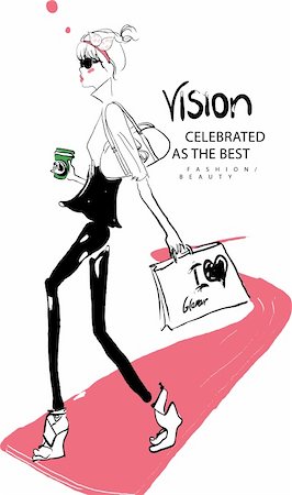 shopping market pretty woman - beauty shopping girl illustration vector sketch drawing penciled Stock Photo - Budget Royalty-Free & Subscription, Code: 400-04876793