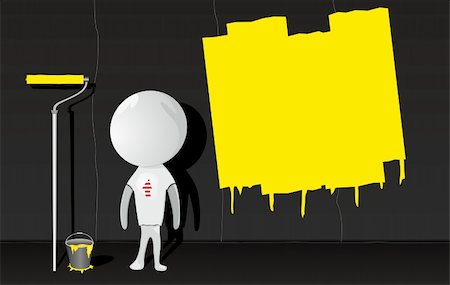 illustration of white man with paint roller and yellow paint Foto de stock - Super Valor sin royalties y Suscripción, Código: 400-04876850