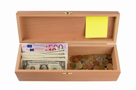simsearch:632-06404679,k - Open Wooden box with dollars and euro banknotes and coins , isolated on white background Foto de stock - Super Valor sin royalties y Suscripción, Código: 400-04877376