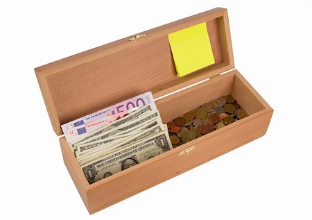 simsearch:400-05261100,k - Open Wooden box with dollars and euro banknotes and coins , isolated on white background Fotografie stock - Microstock e Abbonamento, Codice: 400-04877377