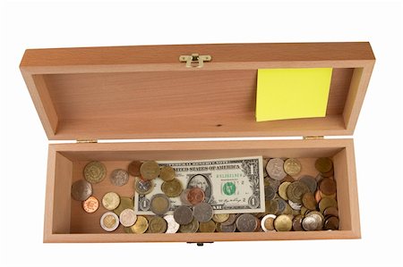 simsearch:400-05261100,k - Wooden box with dollars banknotes and coins , isolated on white background Fotografie stock - Microstock e Abbonamento, Codice: 400-04877379
