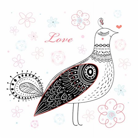 drawing designs for greeting card - beautiful decorative bird with his heart on a white background with flowers Stock Photo - Budget Royalty-Free & Subscription, Code: 400-04878265