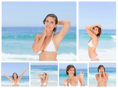 simsearch:400-05165780,k - Collage of an attractive brunette woman posing on a beach Foto de stock - Super Valor sin royalties y Suscripción, Código: 400-04878573