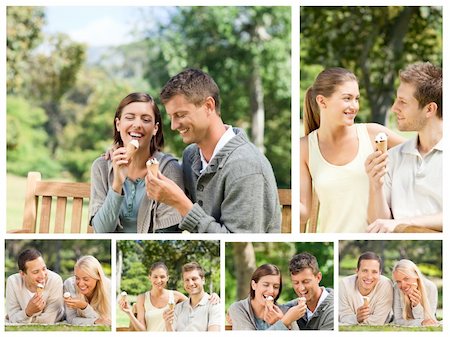 Collage of lovely couples eating ice creams in a park Stock Photo - Budget Royalty-Free & Subscription, Code: 400-04878589
