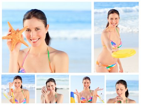 simsearch:400-04332115,k - Collage of a pretty brunette woman enjoying the moment on a beach Stockbilder - Microstock & Abonnement, Bildnummer: 400-04878580