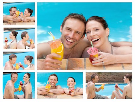 Collage of a lovely couple drinking cocktails in a swimming pool Stock Photo - Budget Royalty-Free & Subscription, Code: 400-04878605