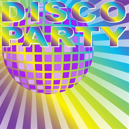 dance club signs - Retro Party Background - Disco Party Sign and Disco Ball on Multicolor Background - vector Stock Photo - Budget Royalty-Free & Subscription, Code: 400-04879068