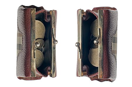 Top view of two open money purses with coins, isolated on white background. Stock Photo - Budget Royalty-Free & Subscription, Code: 400-04879492