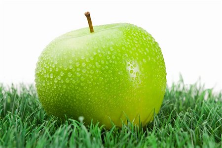simsearch:400-05032145,k - Green wet apple on grass on a white background Stock Photo - Budget Royalty-Free & Subscription, Code: 400-04870156