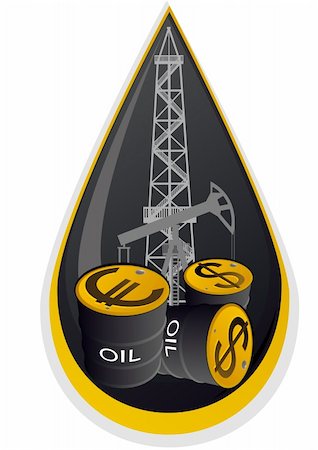 simsearch:400-07544230,k - Iron barrels of oil products and images on them currency symbols against oil installations. Illustration on the background of the oil droplets. Foto de stock - Super Valor sin royalties y Suscripción, Código: 400-04870574