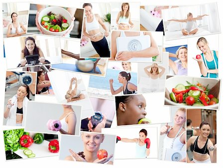 skin and fit - Collage of healthy foods and woman doing fitness exercises Stock Photo - Budget Royalty-Free & Subscription, Code: 400-04871445
