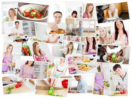 Collage of young adults cooking alone in the kitchen Stock Photo - Budget Royalty-Free & Subscription, Code: 400-04871455