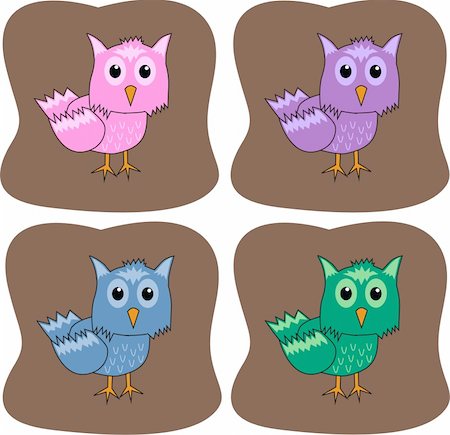 four owls in four different colours Stock Photo - Budget Royalty-Free & Subscription, Code: 400-04872618