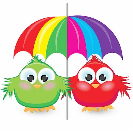 Two cartoon sparrow under the colorful umbrella. Illustration on white background Stock Photo - Budget Royalty-Free & Subscription, Code: 400-04872762