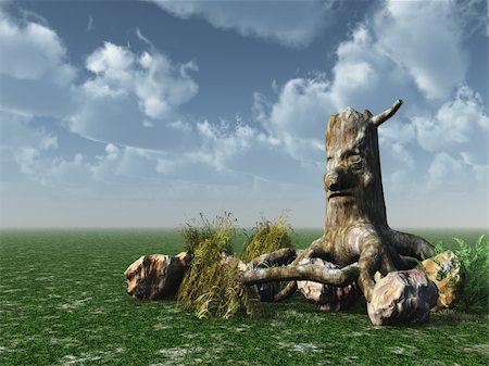 spooky field - tree stump with face under cloudy blue sky - 3d illustration Photographie de stock - Aubaine LD & Abonnement, Code: 400-04872848