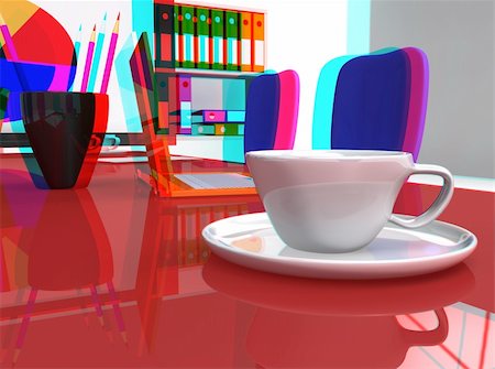 3D stereoscopic office desk with orange laptop and coffee Stock Photo - Budget Royalty-Free & Subscription, Code: 400-04872841