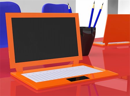 3d stereoscopic laptops on red table with blue pencils Stock Photo - Budget Royalty-Free & Subscription, Code: 400-04872843