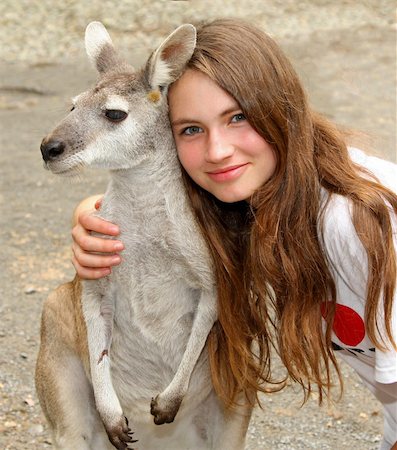 young girl hugging a kangaroo. Stockbilder - Microstock & Abonnement, Bildnummer: 400-04873077