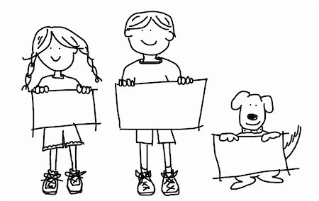 Large cartoon characters: simplistic black line drawings of two smiling kids and their dog holding up blank poster board Fotografie stock - Microstock e Abbonamento, Codice: 400-04873885