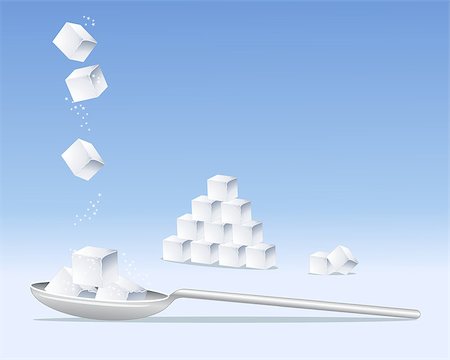 an illustration of sugar cubes on a silver spoon in a stack and tumbling from above on a blue background Foto de stock - Super Valor sin royalties y Suscripción, Código: 400-04884828