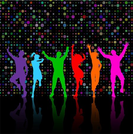 Colourful silhouettes of party people dancing on a dotty background Stock Photo - Budget Royalty-Free & Subscription, Code: 400-04885480