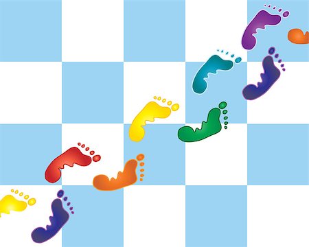 feet walking indoors - an illustration of a set of colorful footprints on a blue and white tiled kitchen floor Stock Photo - Budget Royalty-Free & Subscription, Code: 400-04885532