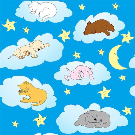 Background with cute doodle animals sleeping on clouds Stock Photo - Budget Royalty-Free & Subscription, Code: 400-04886143