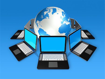 simsearch:400-04854535,k - 3D laptop computers around a world globe isolated on blue Stock Photo - Budget Royalty-Free & Subscription, Code: 400-04886304