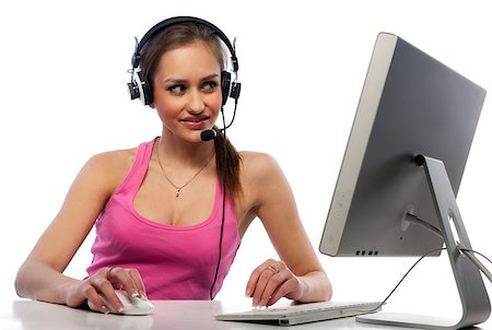 red lips - pretty girl with a headset works at the computer Foto de stock - Super Valor sin royalties y Suscripción, Código: 400-04886332