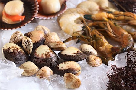 simsearch:400-04406446,k - Raw mussels and other seafood such as shrimps, prawns and scallops on ice (Selective Focus, Focus on the three big mussels in a row) Stock Photo - Budget Royalty-Free & Subscription, Code: 400-04886653