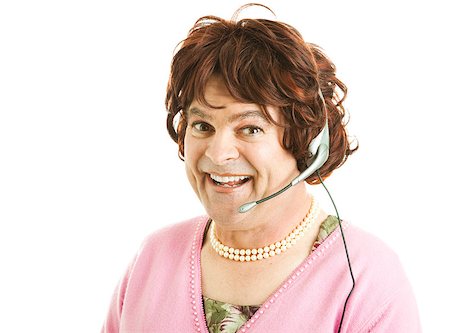 Humorous photo of a customer service worker who is really a man pretending to be a woman.  Isolated on white. Stock Photo - Budget Royalty-Free & Subscription, Code: 400-04886887