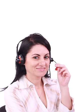 simsearch:400-04560247,k - Headset. Customer service operator woman with headset smiling looking at camera. Beautiful mixed race Arabic Caucasian call center woman isolated on white background. Foto de stock - Super Valor sin royalties y Suscripción, Código: 400-04887188