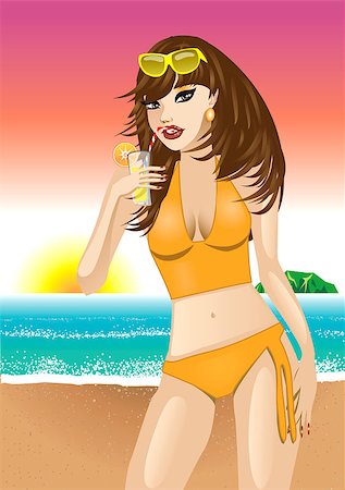 simsearch:400-06911139,k - Vector Illustration of a orange bikini girl on the beach. Foto de stock - Royalty-Free Super Valor e Assinatura, Número: 400-04888334
