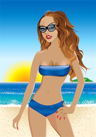 simsearch:400-06911139,k - Vector Illustration of a blue bikini girl on the beach. Foto de stock - Royalty-Free Super Valor e Assinatura, Número: 400-04888332