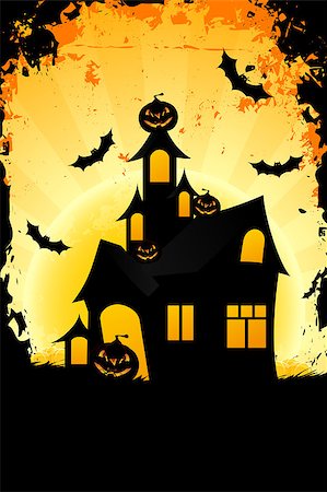 simsearch:400-05692673,k - Halloween background with haunted house pumpkin in grass  bats and full moon Stockbilder - Microstock & Abonnement, Bildnummer: 400-04889350