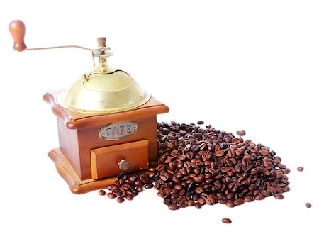simsearch:400-07299272,k - Old coffee grinder and roasted coffee beans over white background Fotografie stock - Microstock e Abbonamento, Codice: 400-04880492