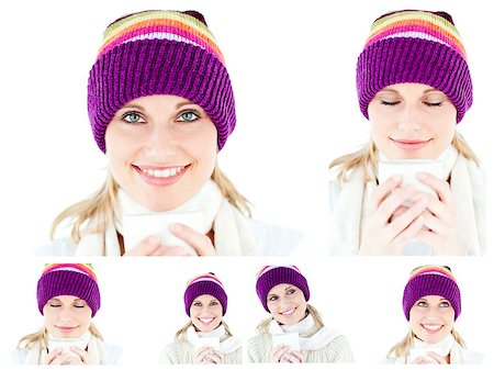 Collage of a young woman with winter hat drinking something hot against a white background Stock Photo - Budget Royalty-Free & Subscription, Code: 400-04881356