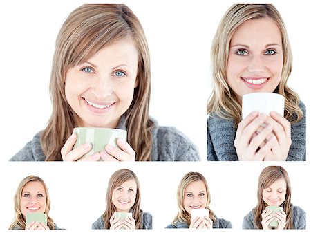 Collage of young women drinking a hot drink against a white background Stock Photo - Budget Royalty-Free & Subscription, Code: 400-04881357