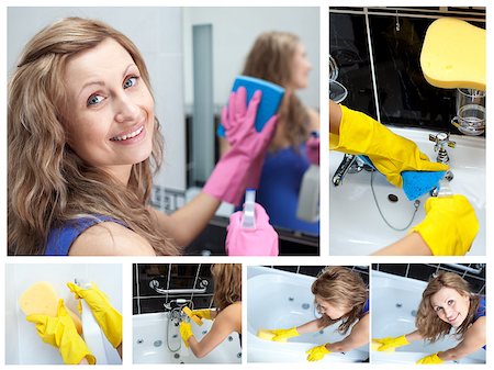 sponge bath woman - Collage of a woman washing her bathroom Stock Photo - Budget Royalty-Free & Subscription, Code: 400-04881469