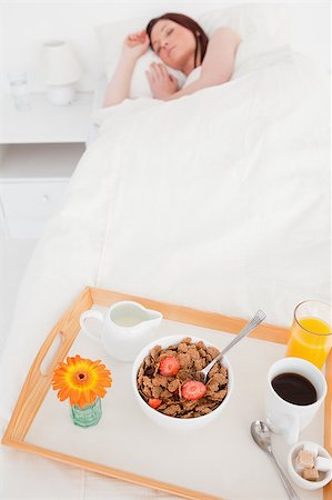 simsearch:400-04881612,k - Pretty red-haired female sleeping before eating her breakfast in the bedroom Stock Photo - Budget Royalty-Free & Subscription, Code: 400-04881502