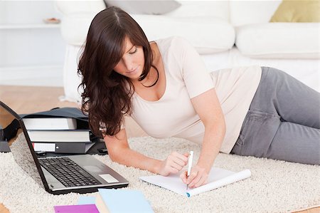 Young attractive woman relaxing with her laptop while writing on a notebook in the living room Stock Photo - Budget Royalty-Free & Subscription, Code: 400-04882227