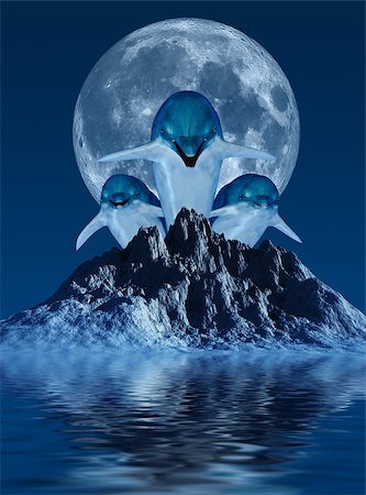 fantasy fish art - This image shows 3 generated dolphins with moon and mountain Stock Photo - Budget Royalty-Free & Subscription, Code: 400-04882469