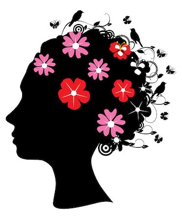 pretty girls face line drawing - Vector illustration of a female head silhouette with flowers and birds Stock Photo - Budget Royalty-Free & Subscription, Code: 400-04882915