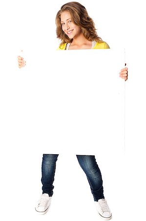 Beautiful woman holding empty white board isolated on white background. Stock Photo - Budget Royalty-Free & Subscription, Code: 400-04883441