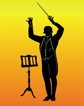 silhouette of a conductor with the music stand on an orange background Photographie de stock - Aubaine LD & Abonnement, Code: 400-04894225
